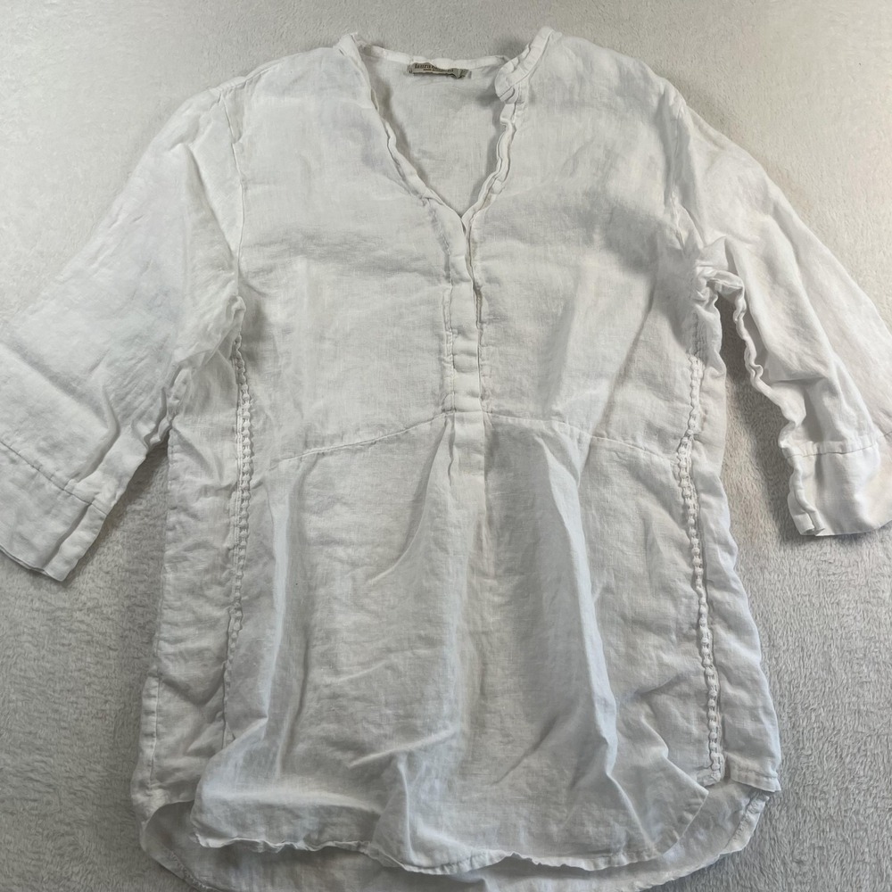 Laura Bianchi Blouse Womens Large White 100% Linen 3/4 Sleeve Tunic Top Italy